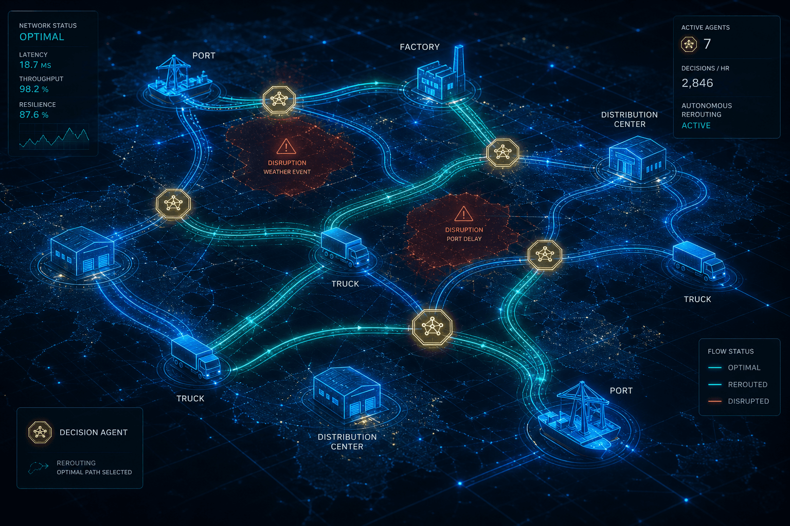 Dark network topology visualization with glowing blue-to-teal nodes representing warehouses, ports, trucks and factories connected by illuminated data streams. Translucent octagonal agent icons hover at junction points rerouting pathways around red-orange disruption zones. Gold highlights mark active decision points.