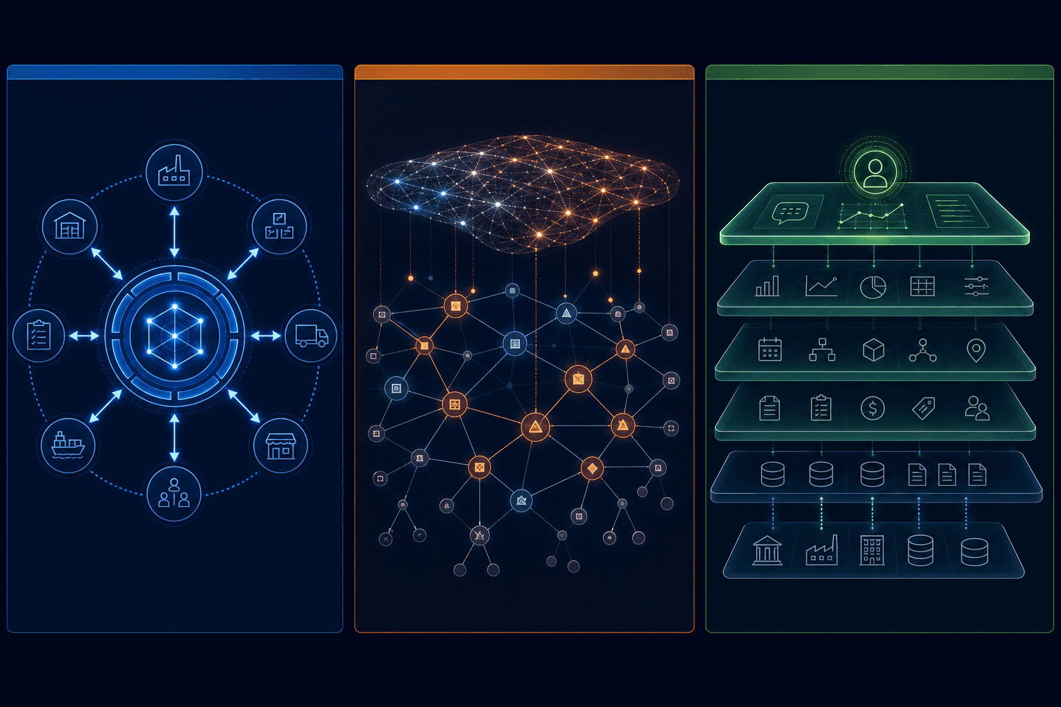 Three-panel architectural diagram comparing Kinaxis concurrent planning engine, o9 Enterprise Knowledge Graph with LLM overlay, and SAP IBP ERP-embedded AI copilot layer