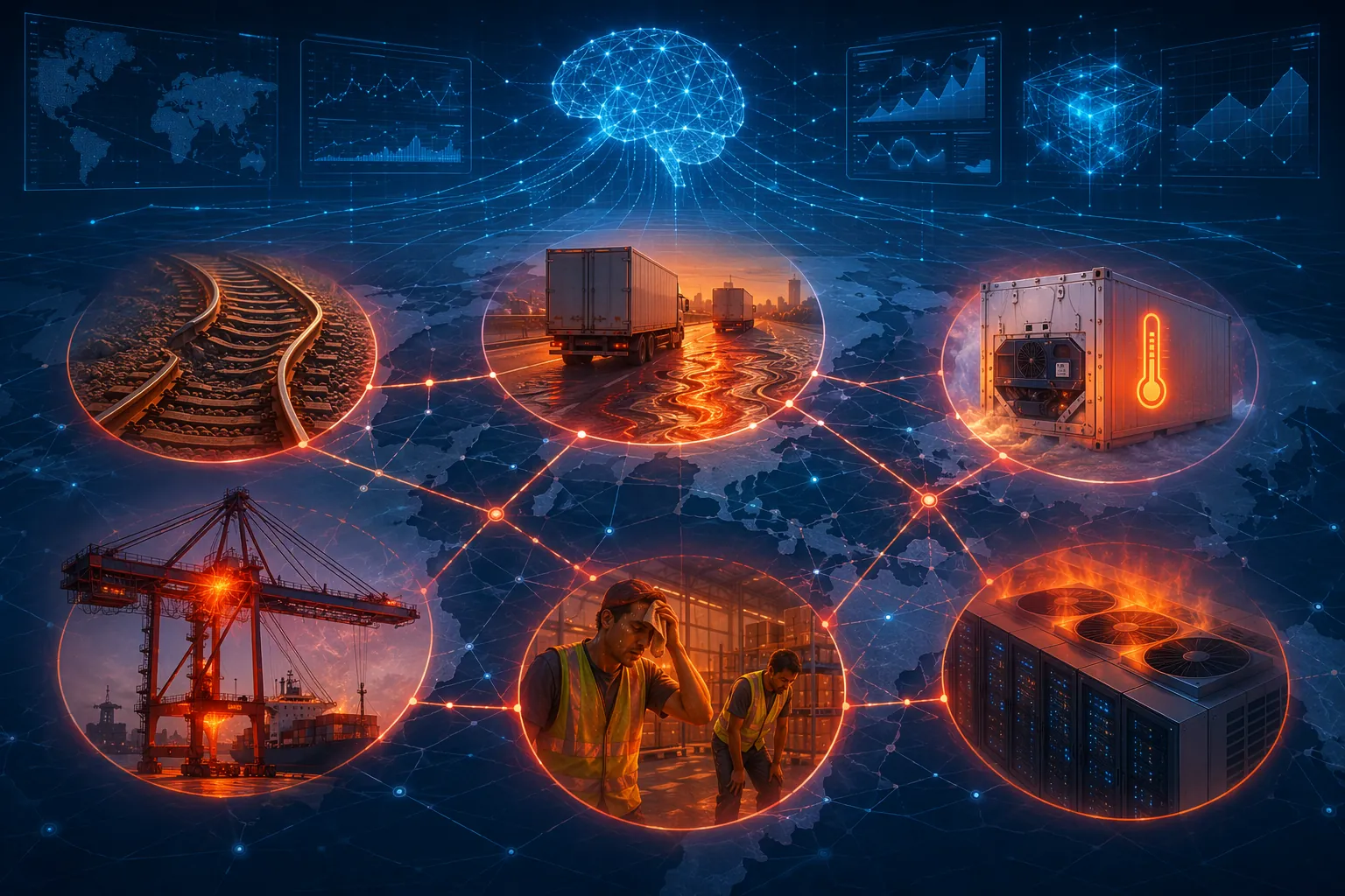 Supply chain network with six heat-exposed nodes connected by AI planning overlays