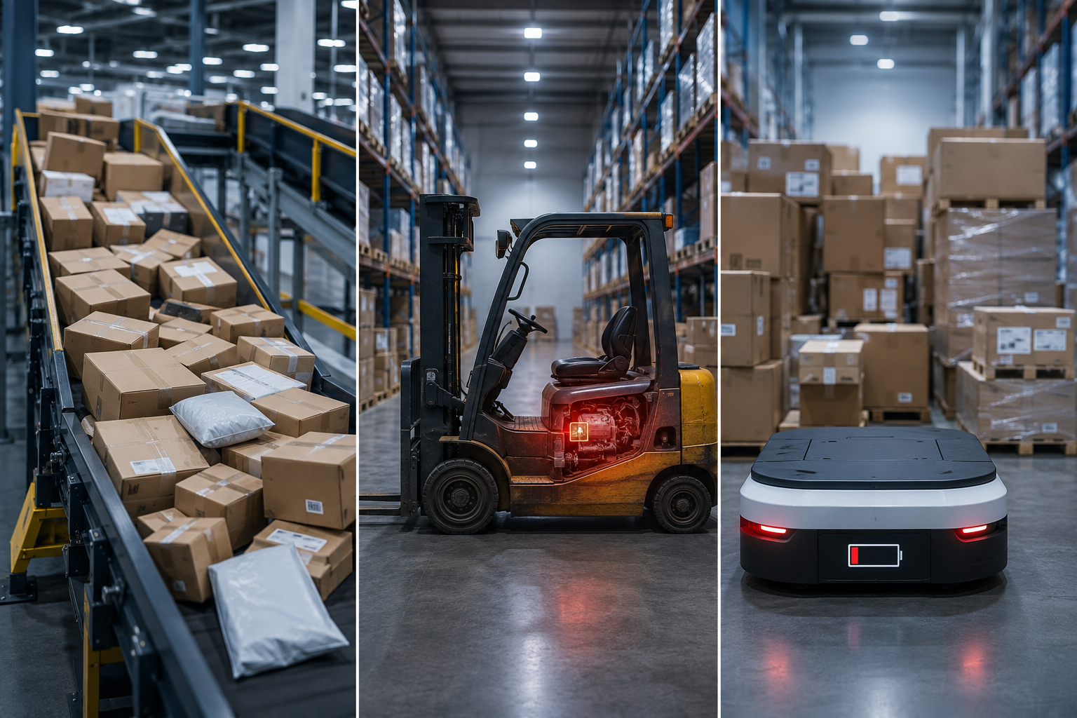 Side-by-side warehouse equipment failure modes showing stopped sortation, a disabled forklift, and an AGV with low battery blocking aisles