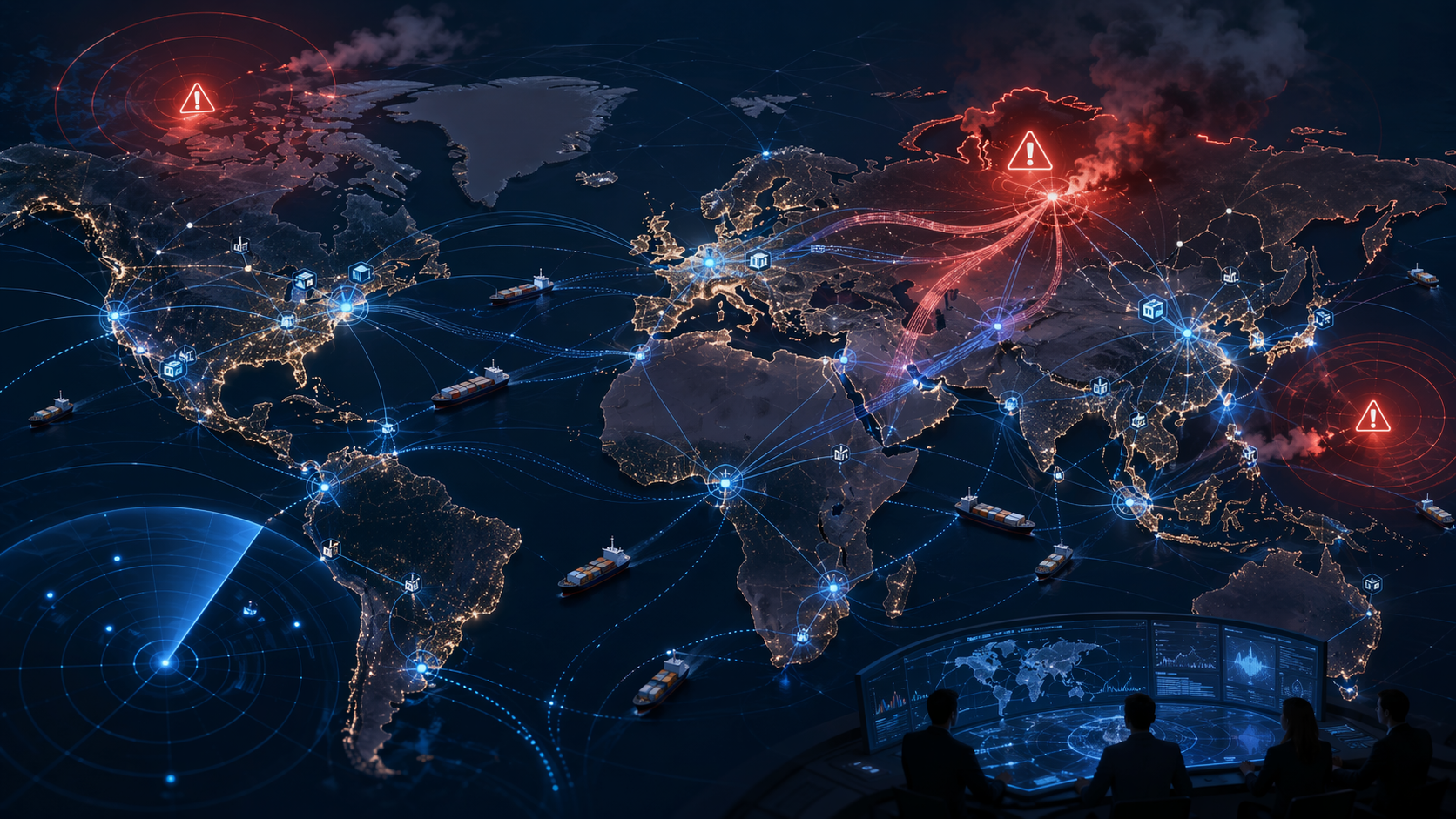 Interconnected world map with supply chain lanes, port nodes, supplier clusters, alert markers, and geopolitical data streams