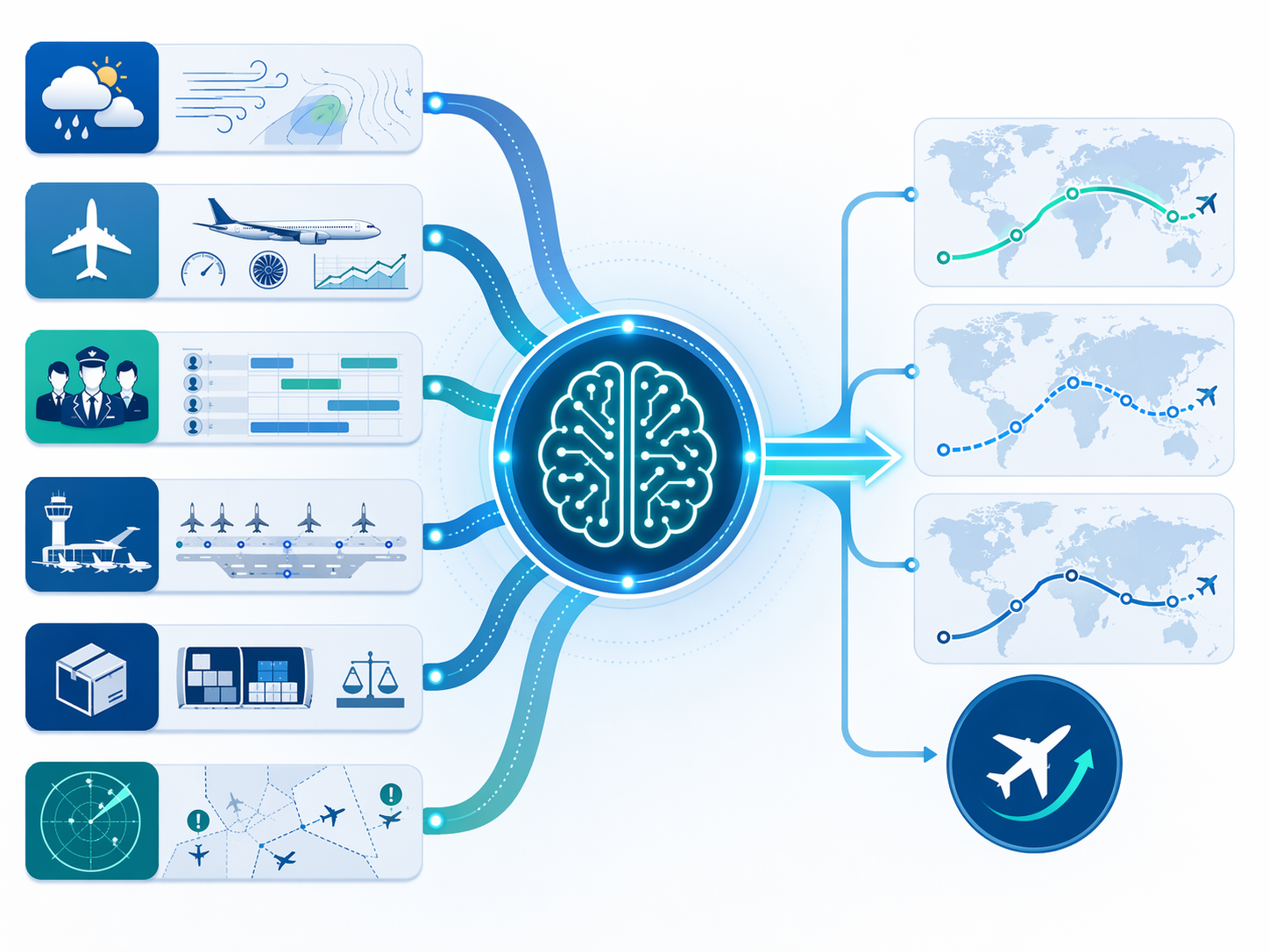 Diagram of an AI optimization hub receiving weather, aircraft, crew, airport, cargo, and traffic data before producing route recommendations