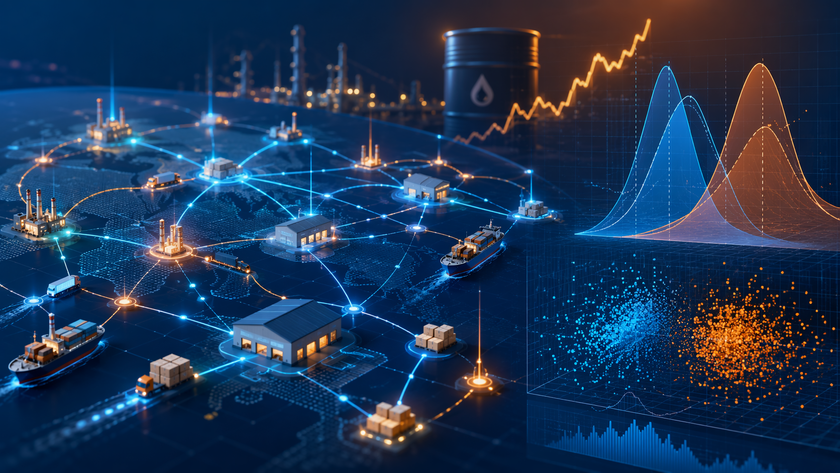 AI-driven supply chain risk simulation with network nodes, probability curves, oil price trend, and data flows