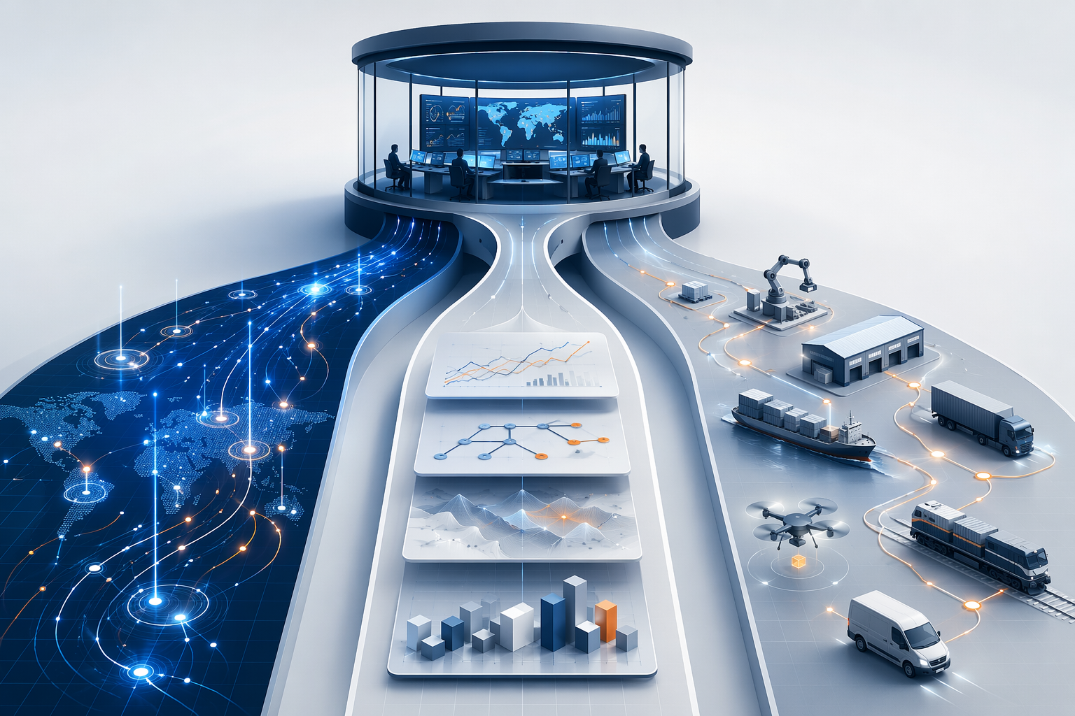 Three architectural pathways diverging from a supply chain control tower: visibility, planning, and execution