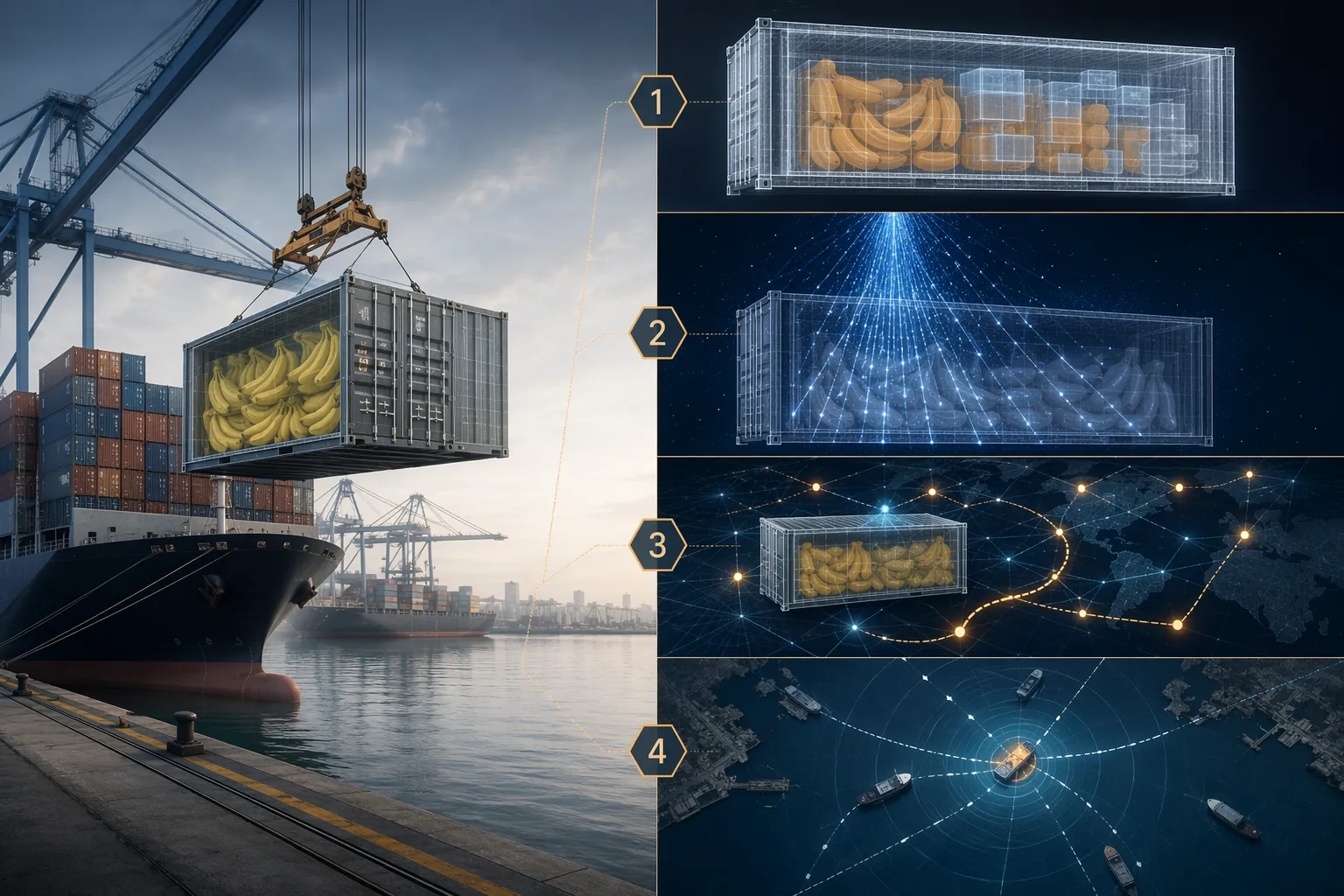 Port container screening scene showing bananas, X-ray anomaly layers, muon tracks, behavioral data nodes, and fleet route analysis