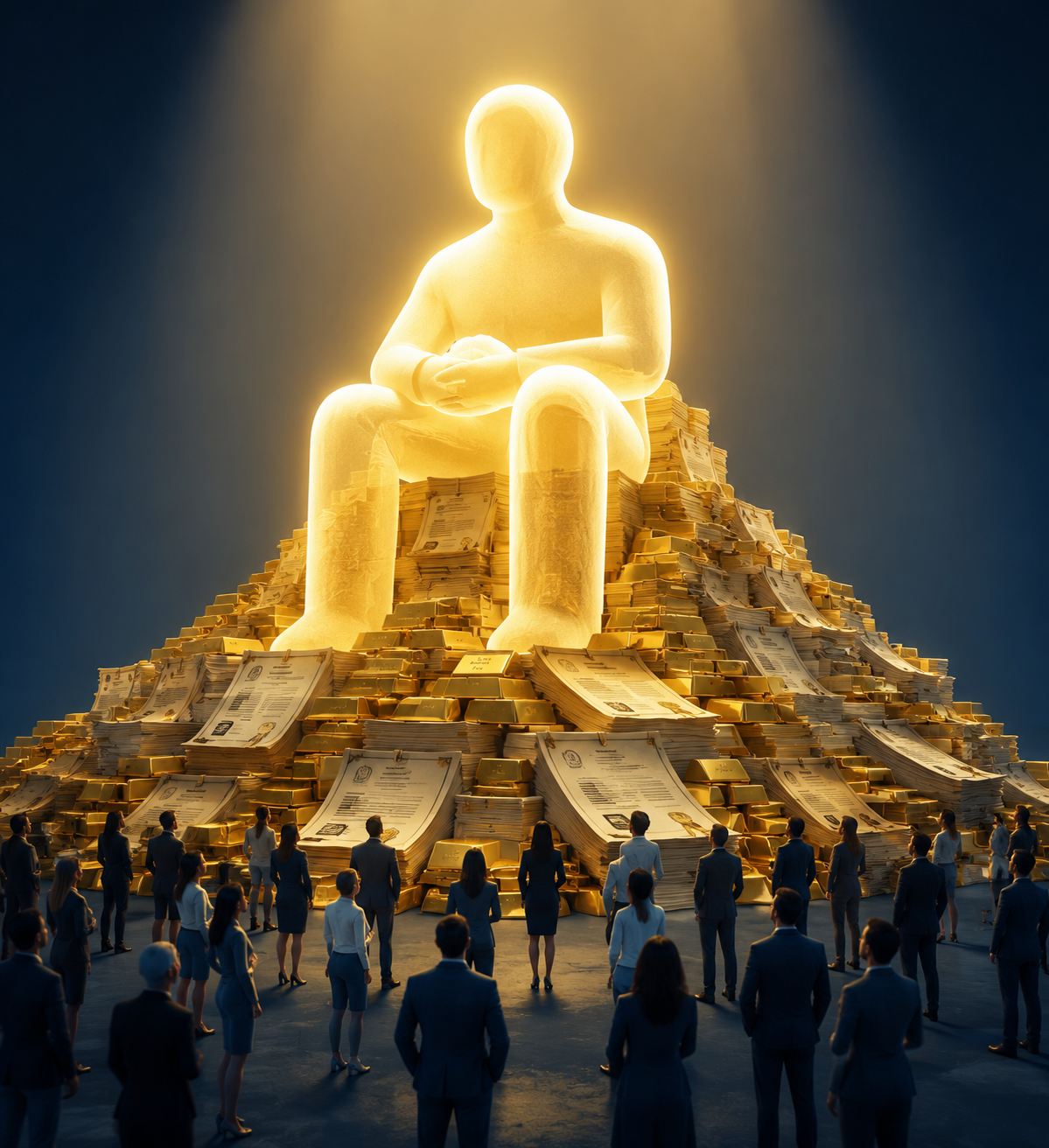 Oversized central customer figure surrounded by gold bars, contracts, and smaller enterprise customers