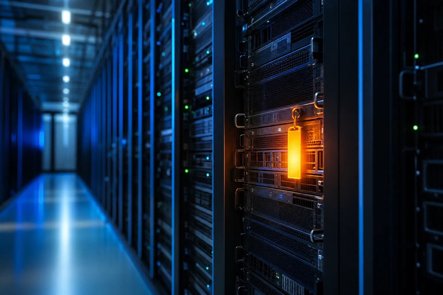 Data center aisle with server racks and a warning marker on one constrained rack