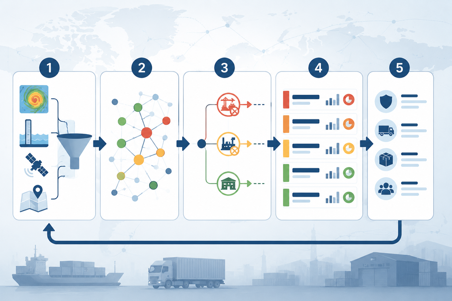 Five-stage AI flood planning workflow from data ingestion to risk scoring, scenario simulation, ranked recommendations, and feedback loop