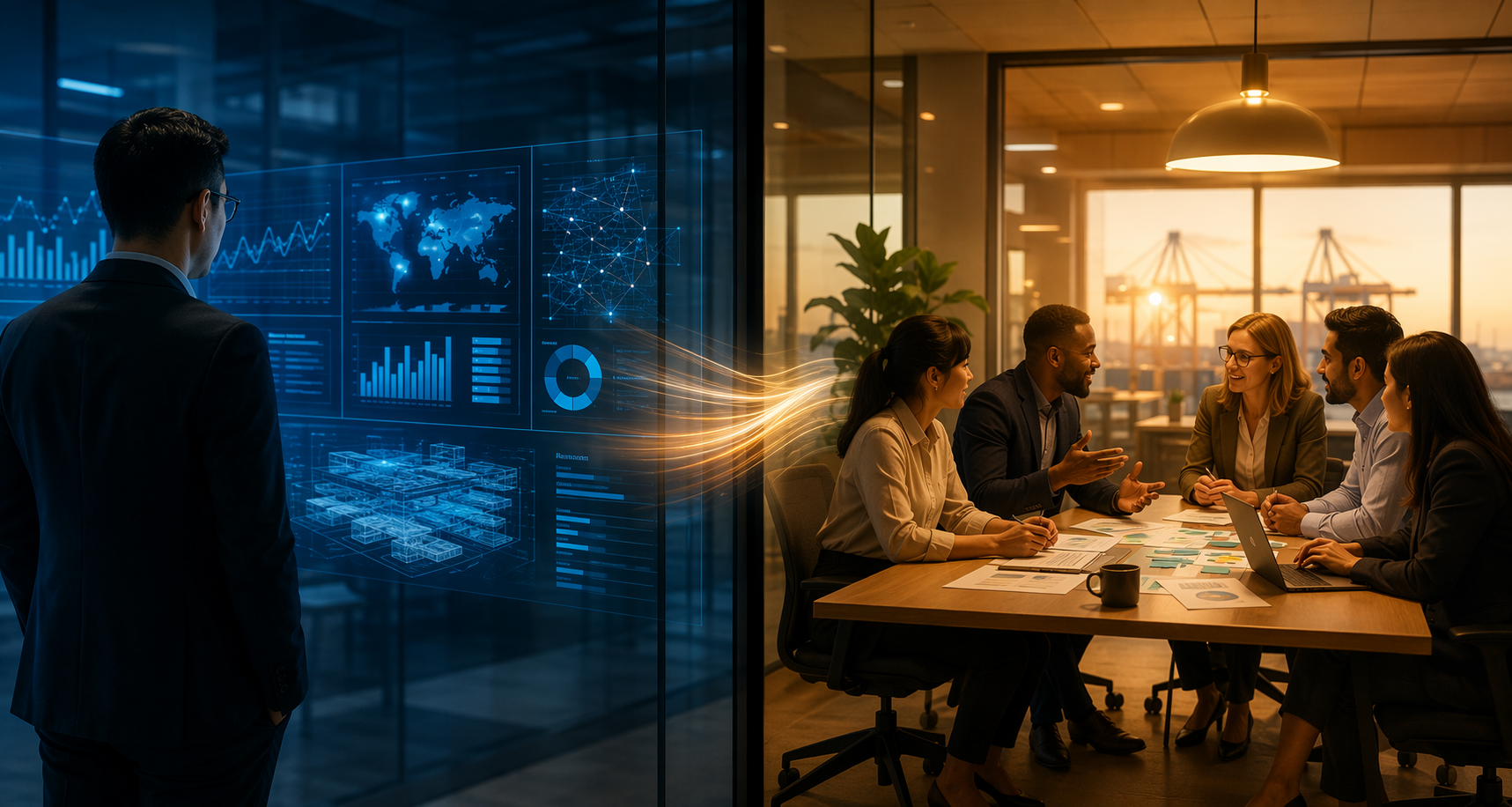 Supply chain office split between AI dashboard analysis and a cross-functional strategy meeting
