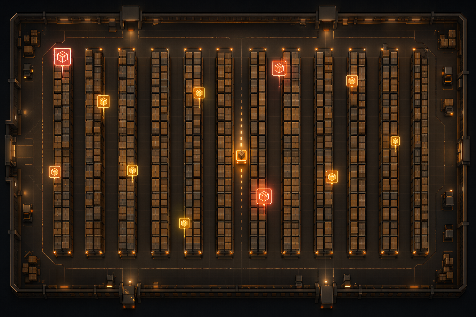 Top-down single-block warehouse with ten aisles and an orange picker agent