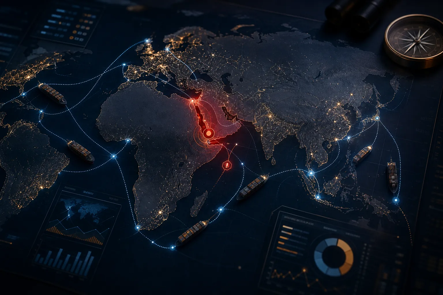 Global shipping route network with the Red Sea highlighted as a narrow chokepoint