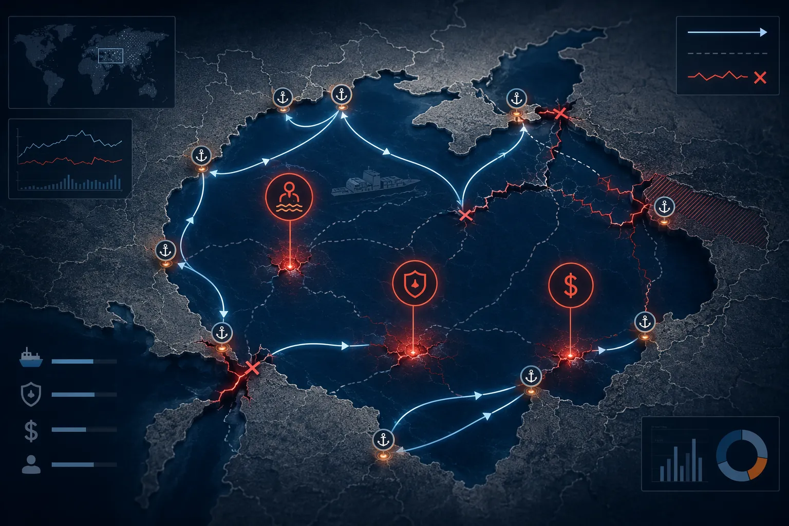 Stylized Black Sea supply chain corridor map showing model-predicted routes and bottlenecks for crew risk, insurance, and finance gaps