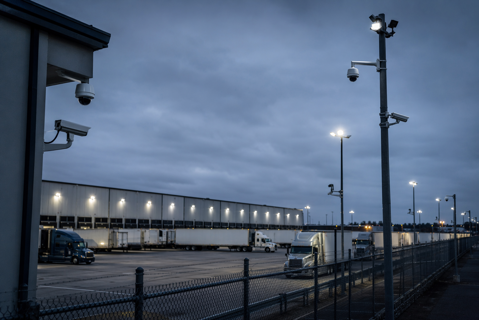 Warehouse distribution yard at dusk with parked tractor-trailers, fencing, light poles, and security cameras