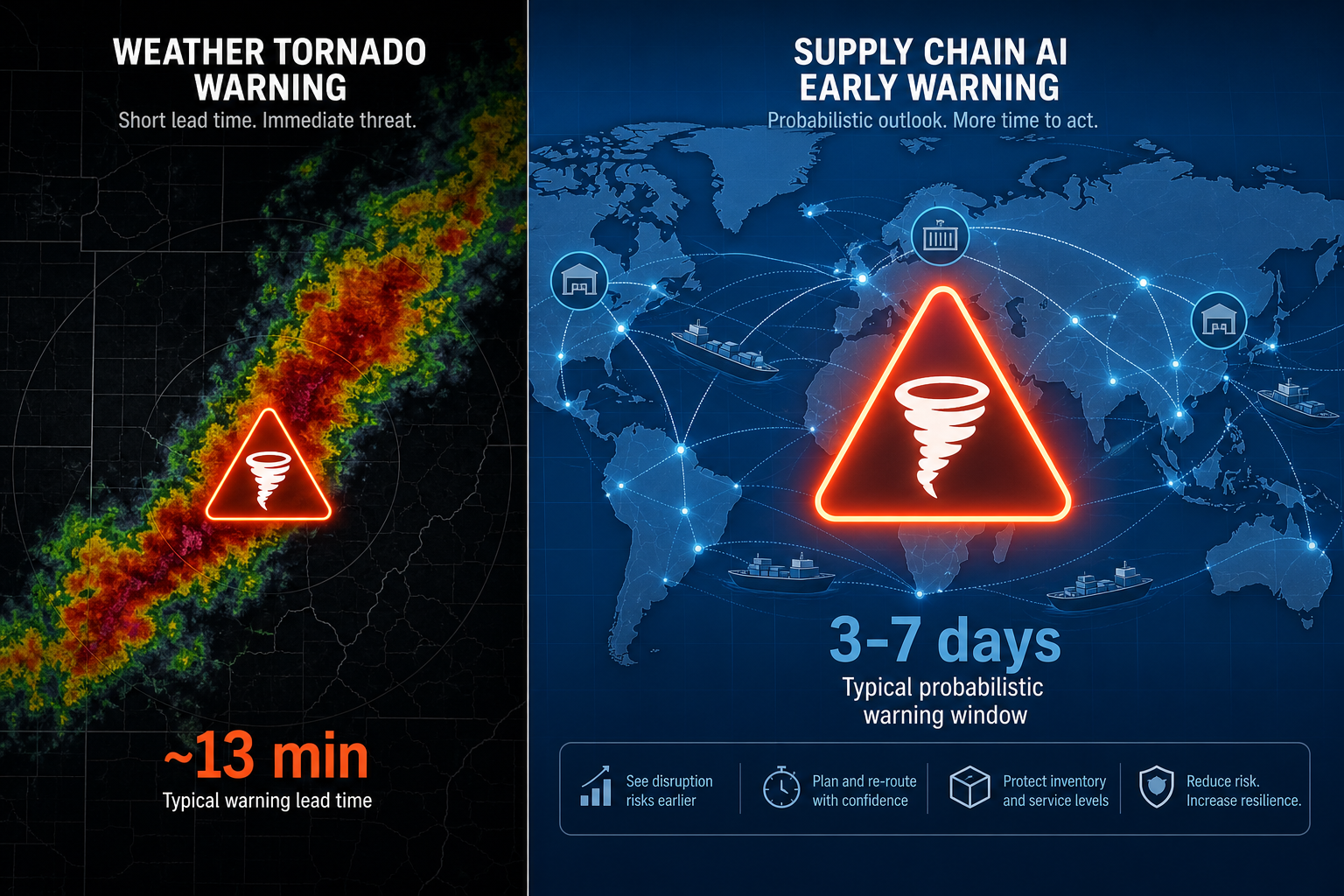 Comparison of a short weather tornado warning window with a longer supply chain disruption warning window