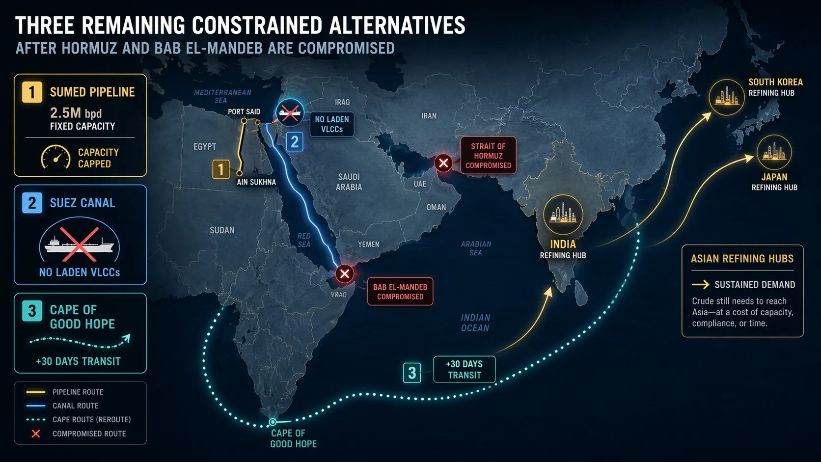 Map of constrained alternatives including SUMED capacity, Suez VLCC limits, and Cape of Good Hope rerouting