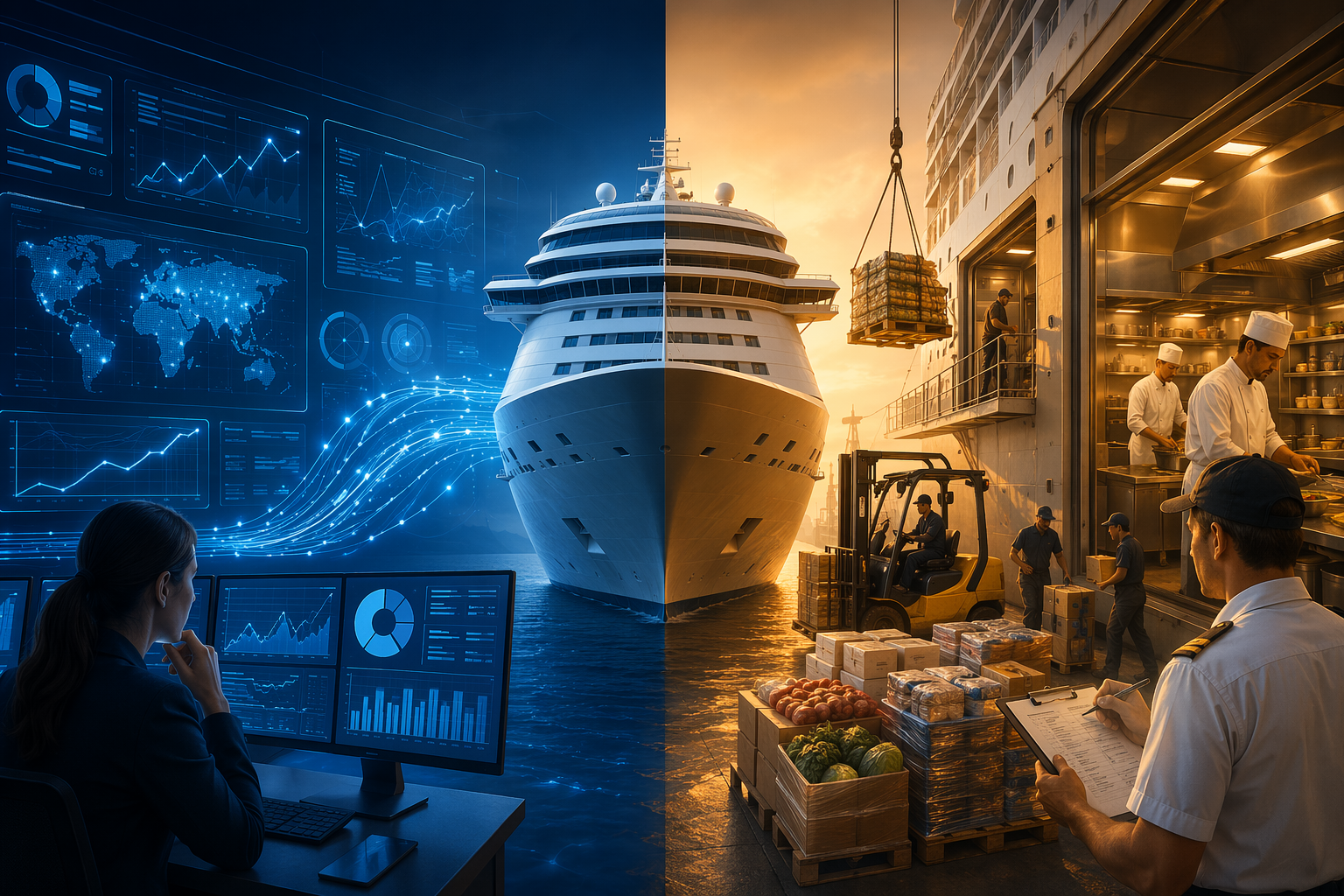 Split scene of a digital supply chain dashboard and a cruise ship loading dock with pallets and handwritten clipboards