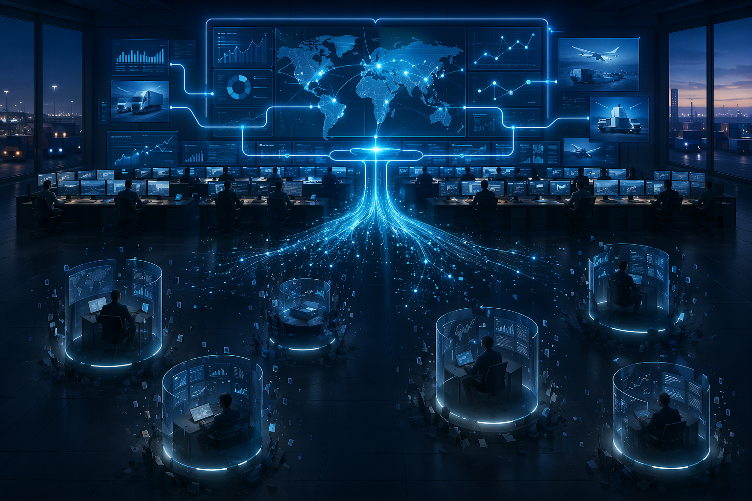 Logistics control center contrasting disconnected AI pilots with integrated enterprise-wide AI workflows