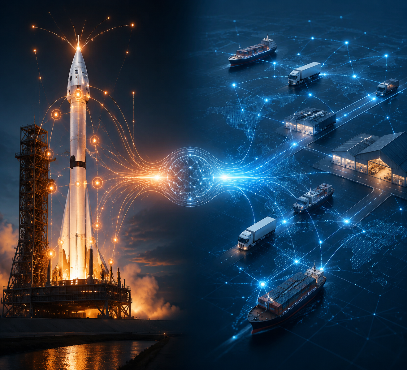Rocket launchpad and logistics network connected by glowing data streams