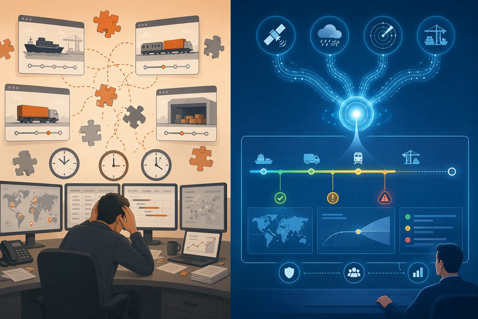 Comparison of fragmented shipment tracking and unified AI data fusion for predictive visibility