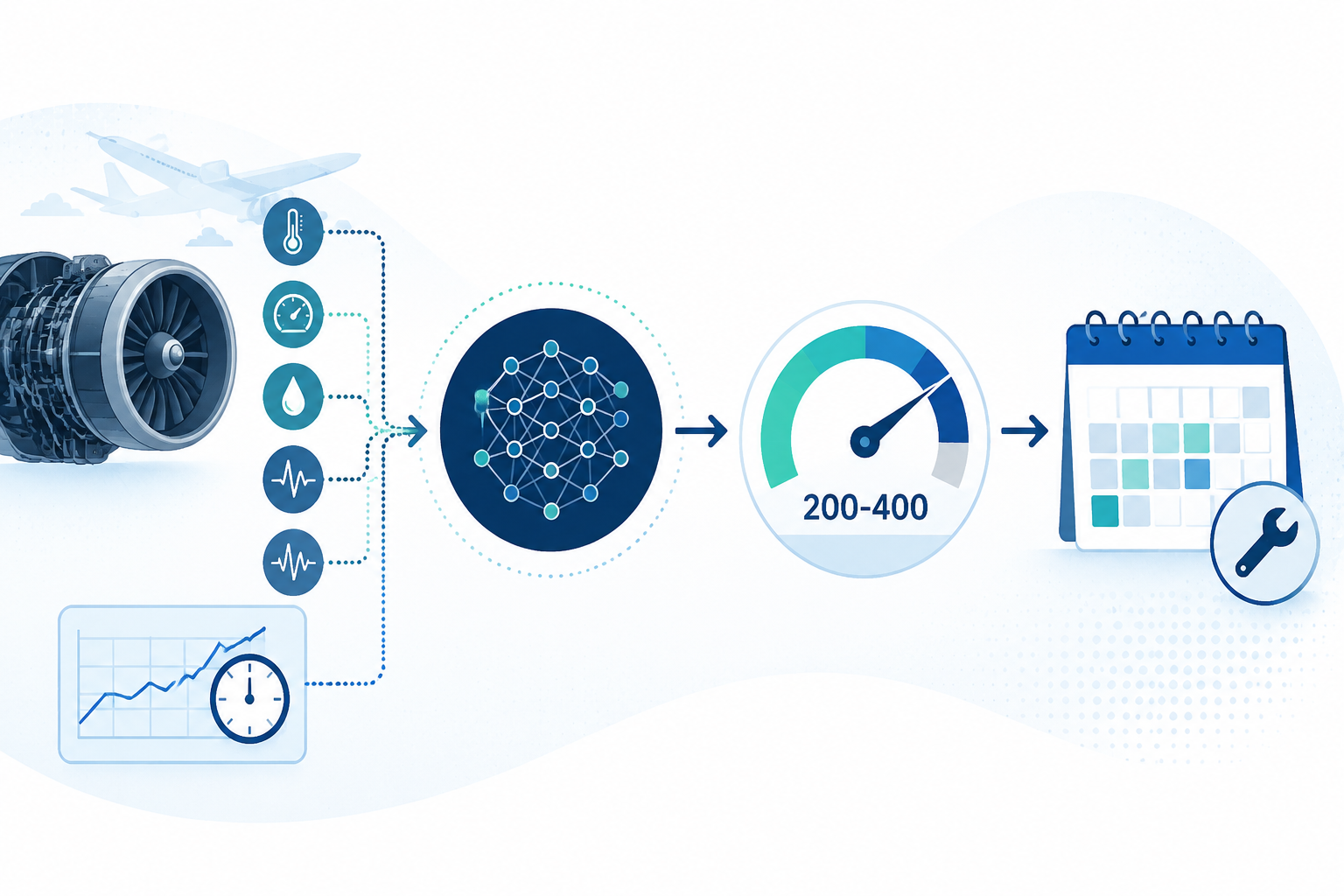 Process flow from aircraft sensor data to machine learning, remaining useful life, and maintenance planning