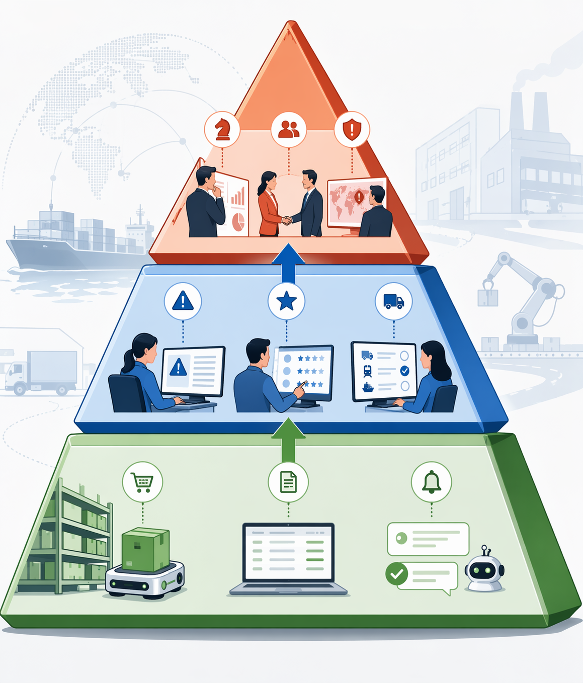 Graduated autonomy pyramid for supply chain decisions with autonomous, human-in-the-loop, and human-led layers