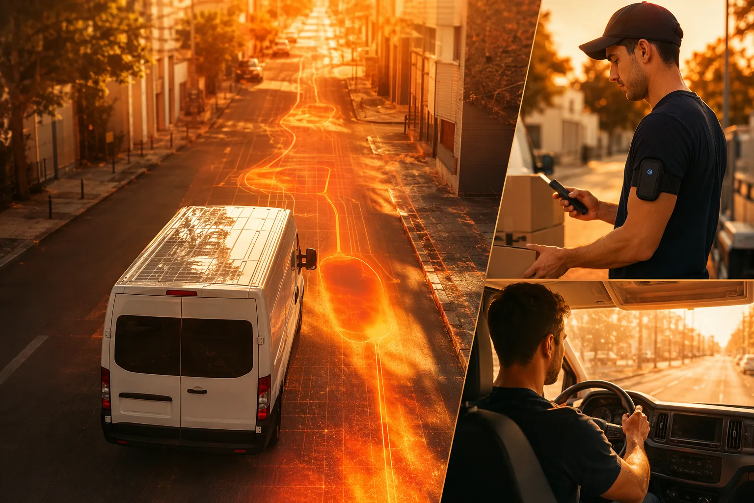 Last-mile delivery van on a hot city street with heat-map route overlays and a worker wearing a sensor armband