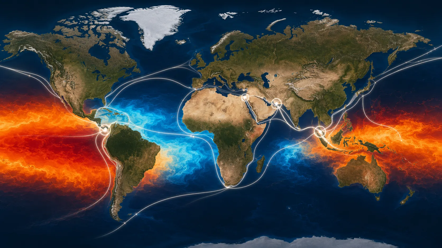 Global map visualization of Pacific El Niño and tropical Atlantic Niña zones with shipping routes through Panama, Suez, Malacca, and Hormuz