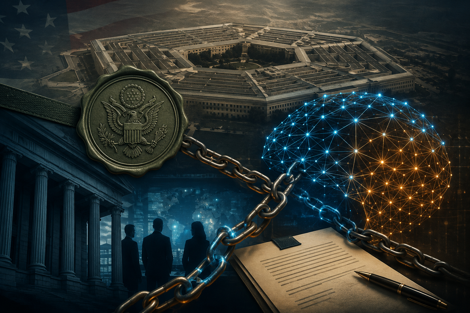 The Pentagon overlaid with a government seal and an AI network linked by chain motifs