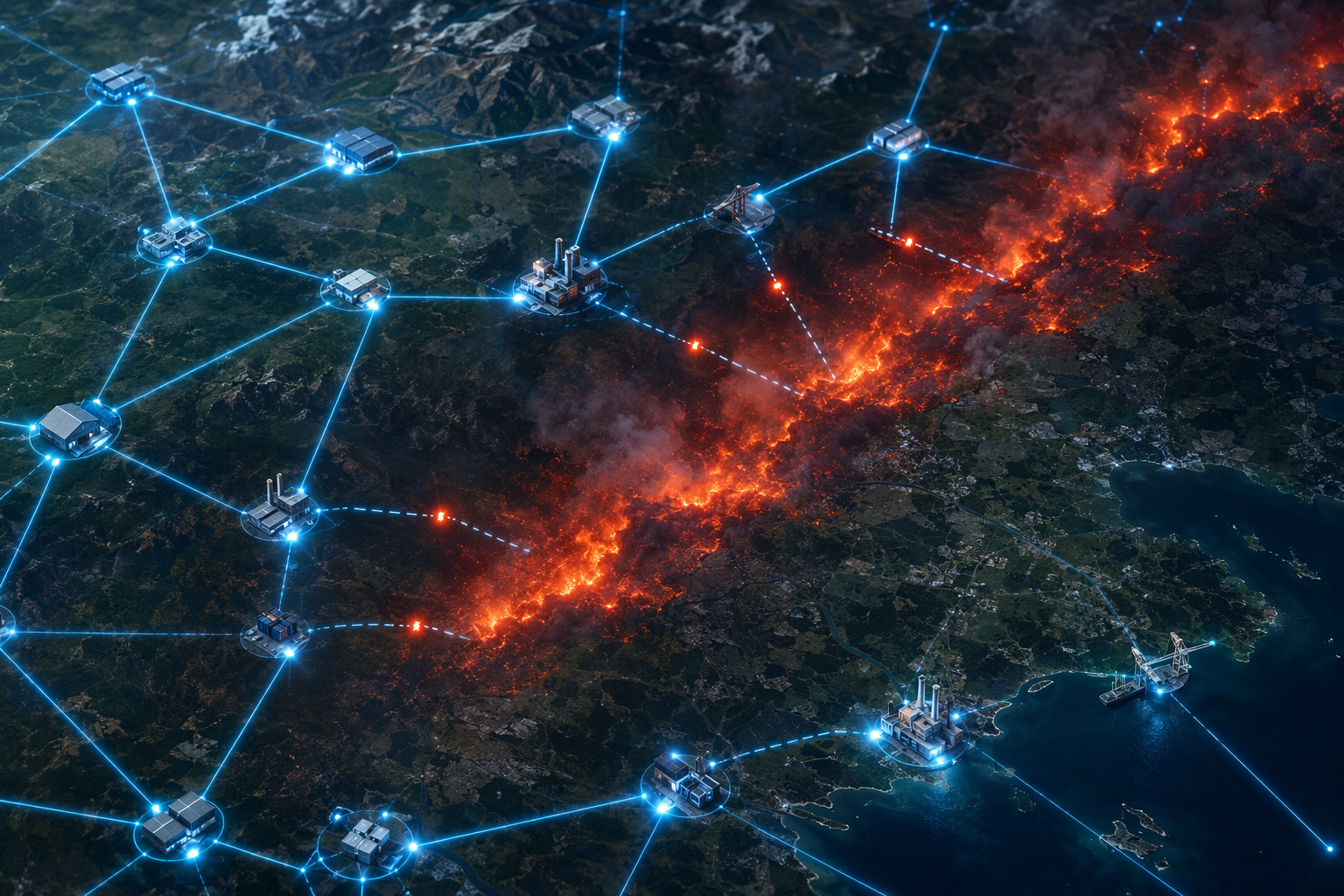Satellite-style supply chain network map intersected by a wildfire disruption zone