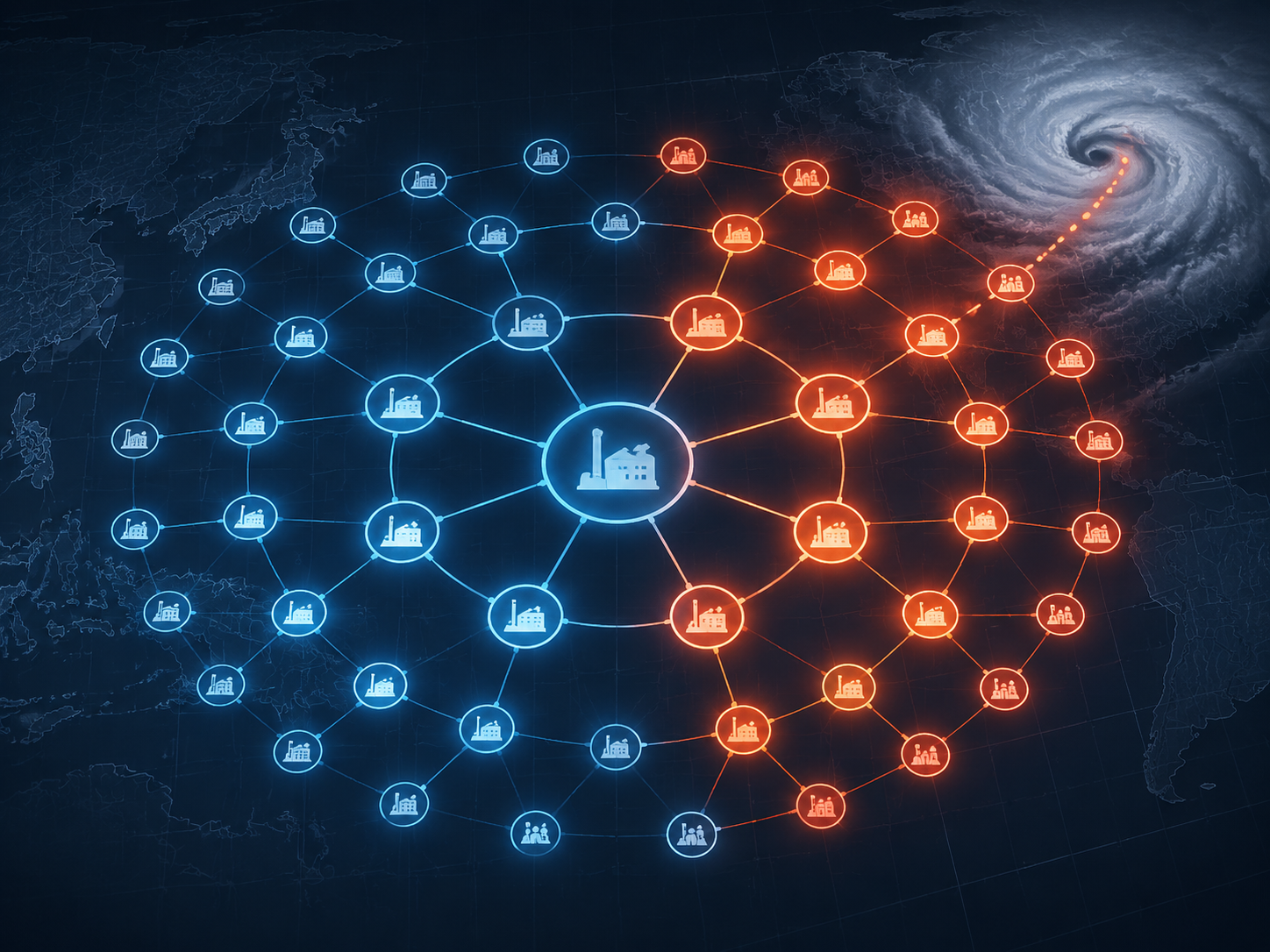 Multi-tier supply chain network map with storm-exposed supplier nodes highlighted