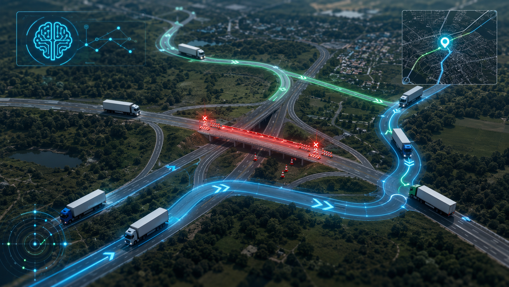 Map-style highway network with a road closure and commercial trucks taking dynamic rerouting paths around the closed section