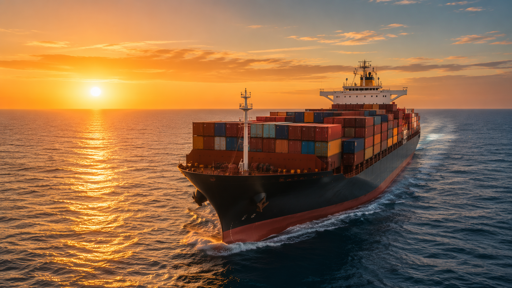 Large container ship crossing open ocean at golden hour