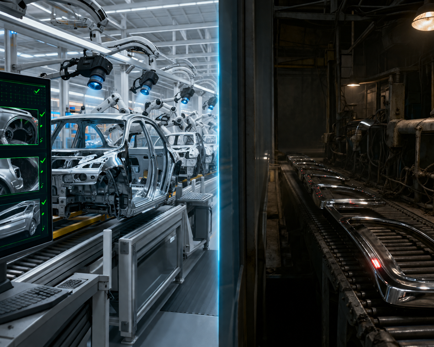 Split view of an AI-monitored automotive factory and an unmonitored supplier facility separated by a visibility boundary