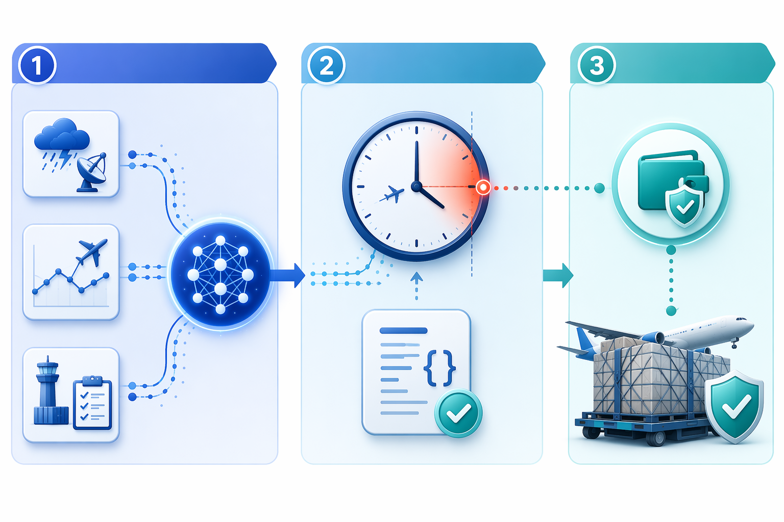 Workflow showing weather, historical, and operational data feeding an AI prediction layer, then a parametric delay trigger and payout signal for cargo protection