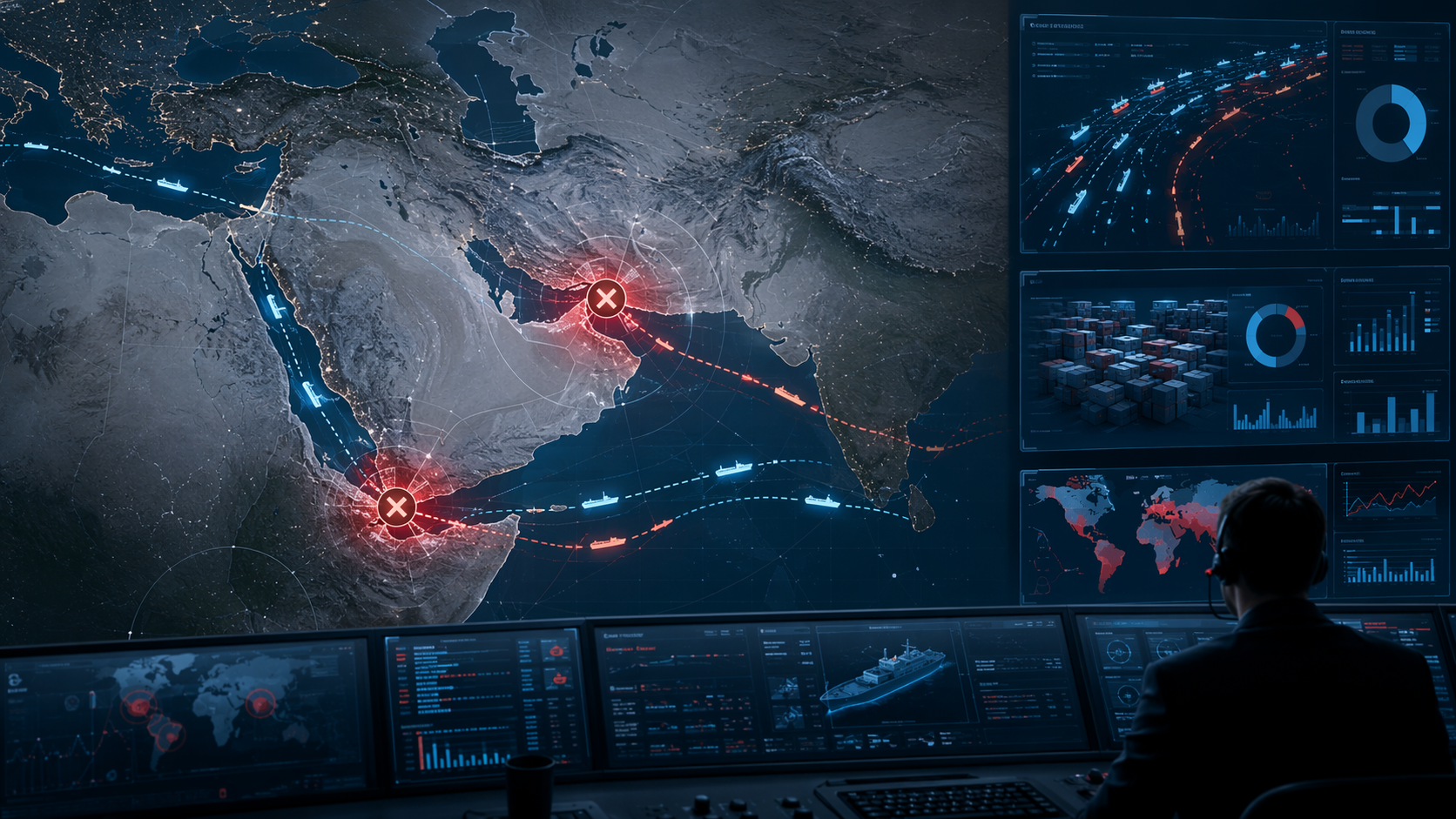 Middle East and Red Sea map with blocked Hormuz and Bab al-Mandab chokepoints overlaid by a command center dashboard