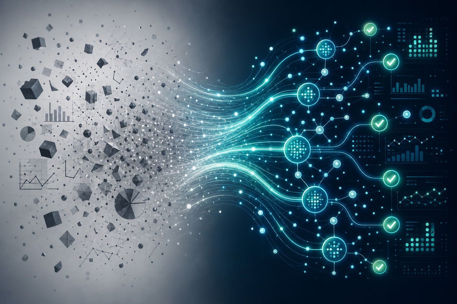 Side-by-side editorial illustration showing data transformation: left side with scattered, messy disconnected data fragments in muted gray tones; right side with the same data organized into clean glowing nodes and connected streams in teal and navy.