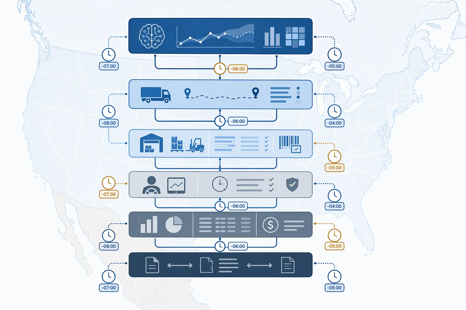 Supply chain technology stack with timezone-sensitive dependencies across AI planning, TMS, WMS, ERP, EDI, and ELD systems