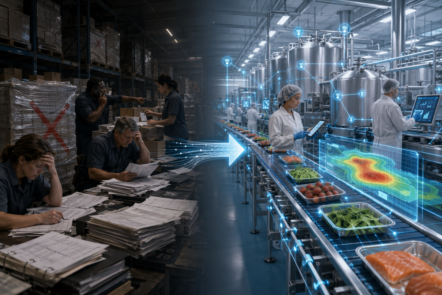 Food recall records compared with predictive AI traceability in a modern processing facility
