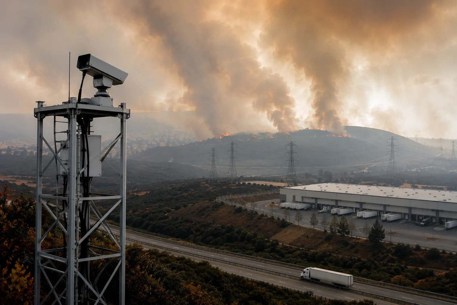 Wildfire detection camera on a remote tower overlooking smoke, a highway truck, and a distribution center