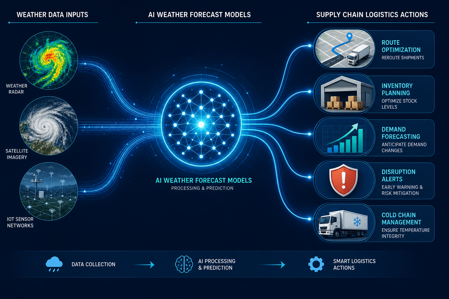 Pipeline showing radar and satellite weather inputs feeding an AI hub and branching into rerouting, inventory, demand, disruption, and cold-chain logistics actions