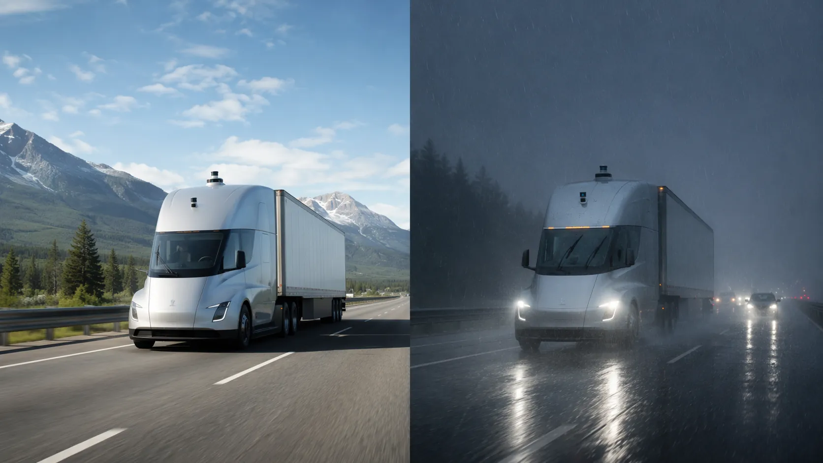Autonomous truck contrasted between clear highway driving and heavy fog and rain conditions