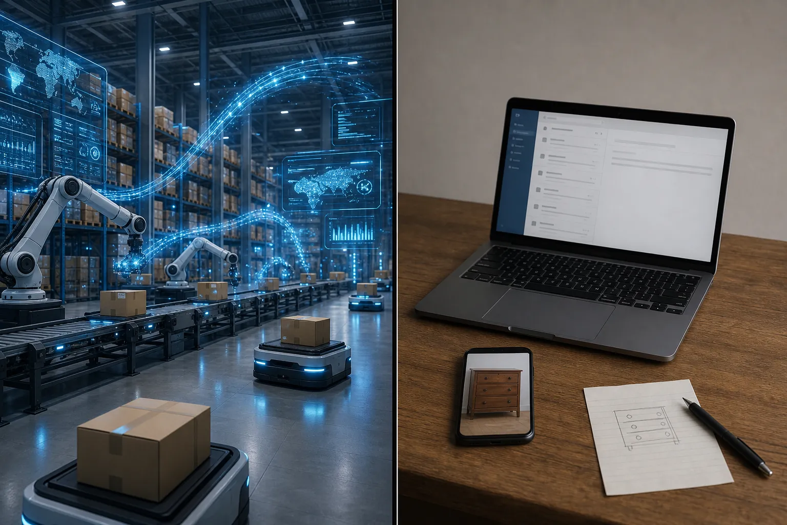 Automated warehouse technology contrasted with a manual email and dresser photo recall process