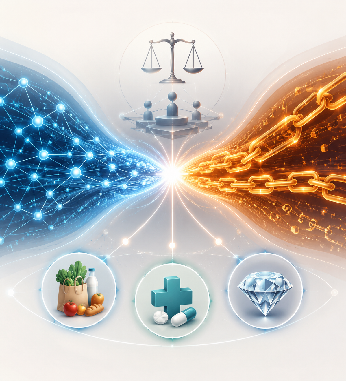 AI neural streams and blockchain chain patterns merging around food, pharmaceutical, and diamond supply chain symbols under a governance structure