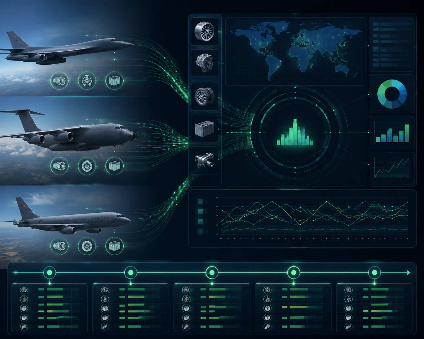 B-1B, C-5, and KC-135 aircraft connected to a five-year component requirement forecast dashboard
