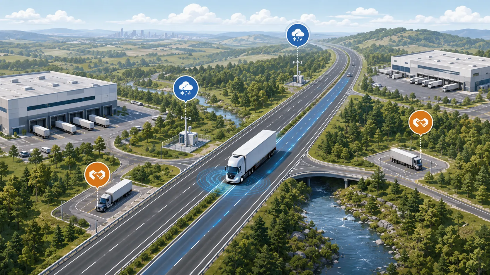 Distribution hubs connected by an autonomous trucking corridor with weather checkpoints and fallback points