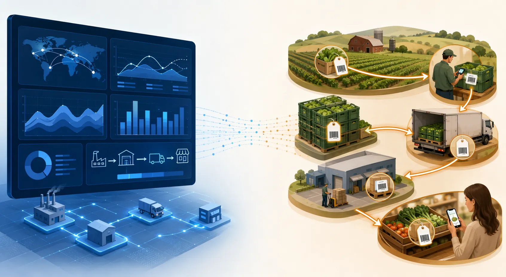 Split illustration contrasting aggregate supply-chain planning dashboards with granular farm-to-table lot traceability records