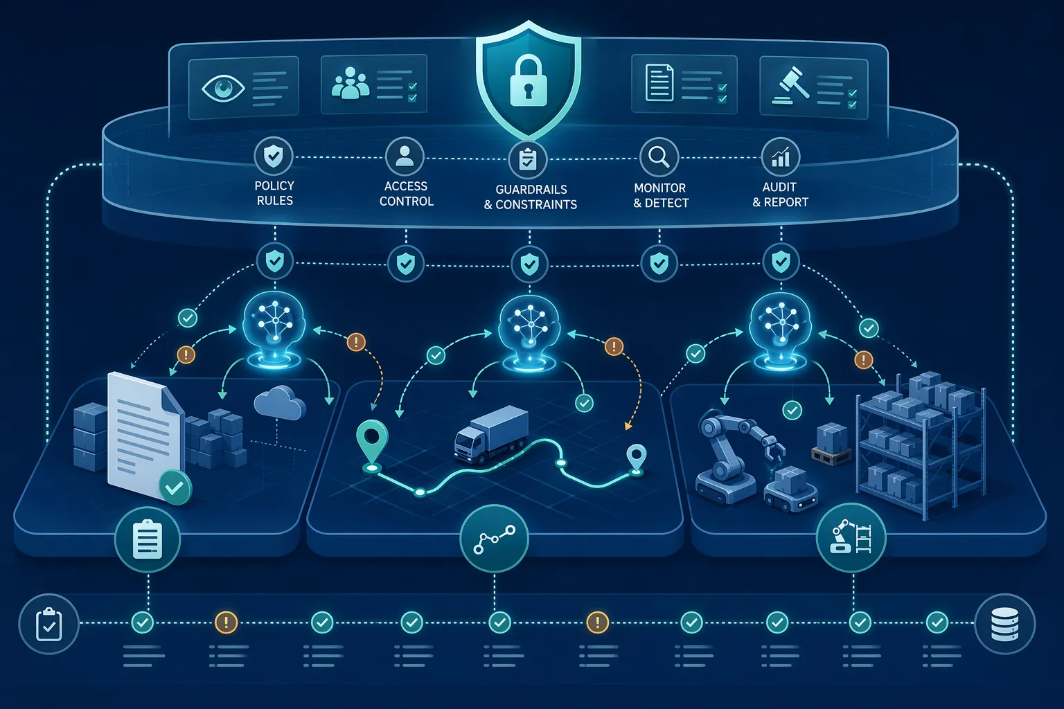 Autonomous AI agents directing procurement, logistics, and warehouse actions under a transparent governance layer with policy checkpoints and audit trails