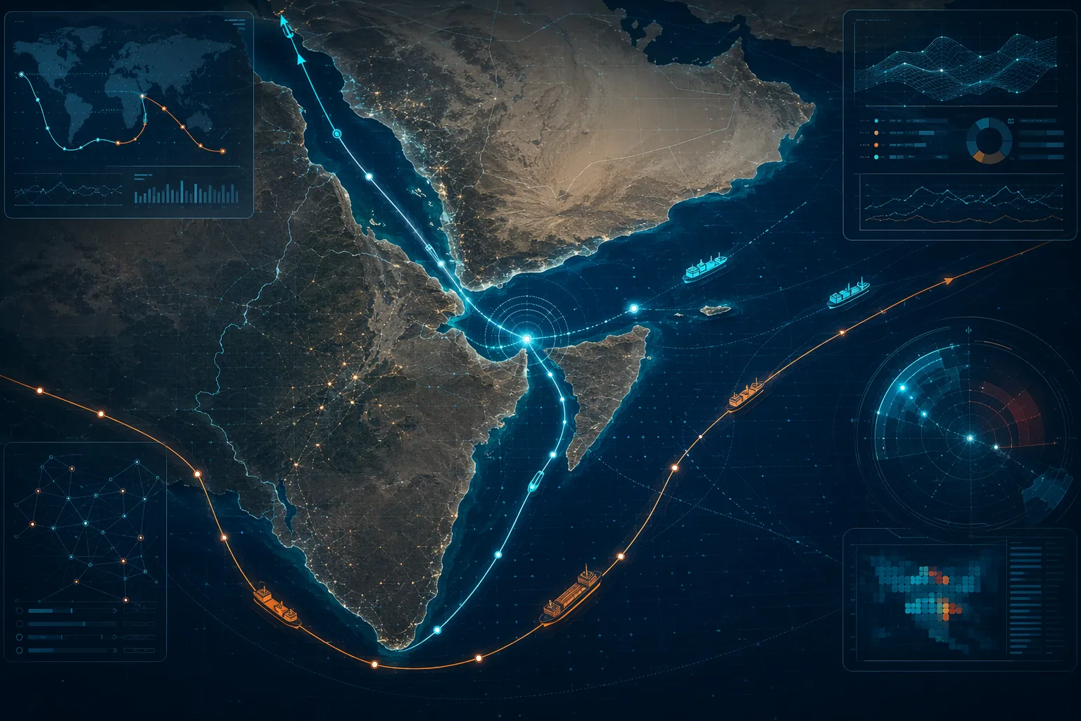 Map of the Bab el-Mandeb strait with AI route analytics comparing Suez and Cape of Good Hope options
