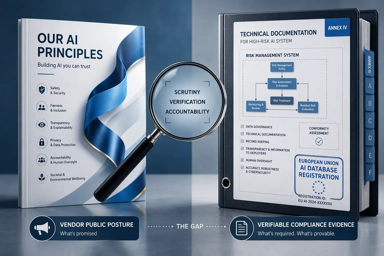 Glossy vendor AI principles pamphlet contrasted with Annex IV technical documentation and EU AI database registration evidence