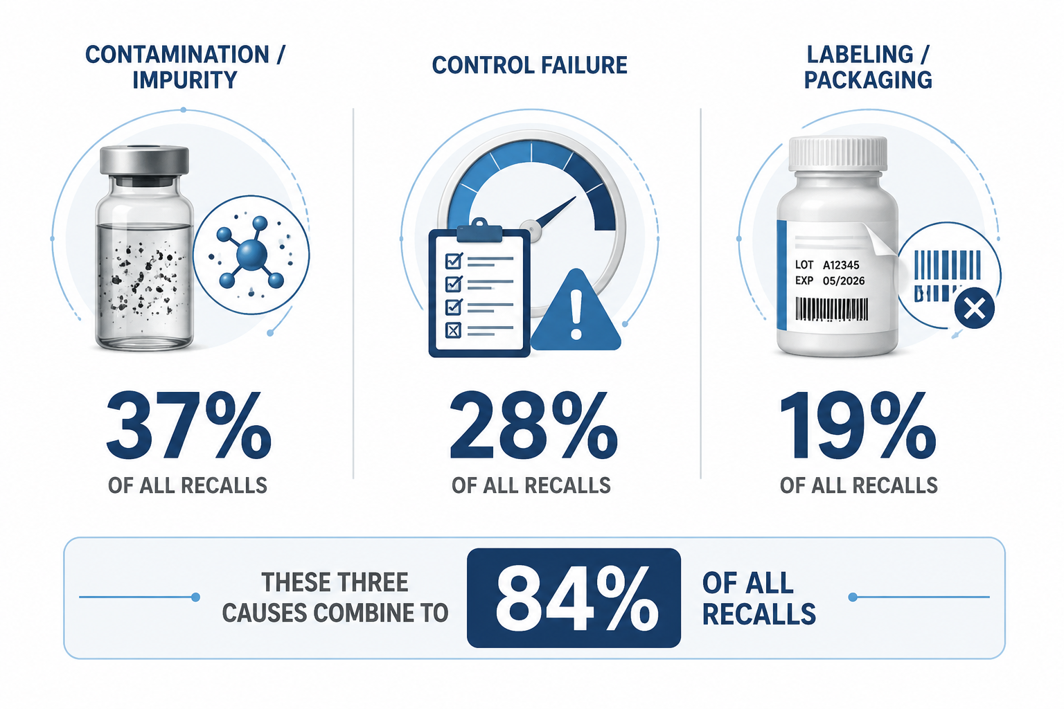 Root cause breakdown showing contamination, control failure, and labeling or packaging errors.